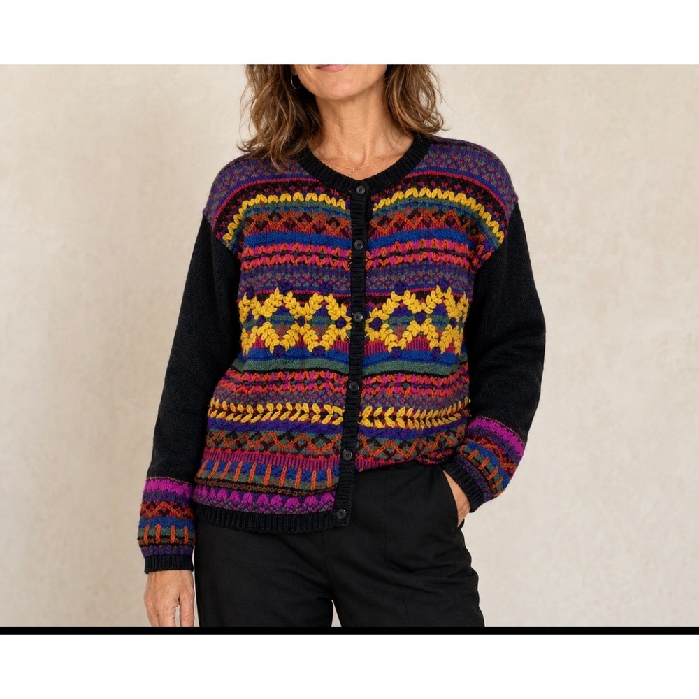 Kitty Hawk Cardigan Womens L Colorful Fair Isle Vintage Boho 80s 90s Artsy 3D